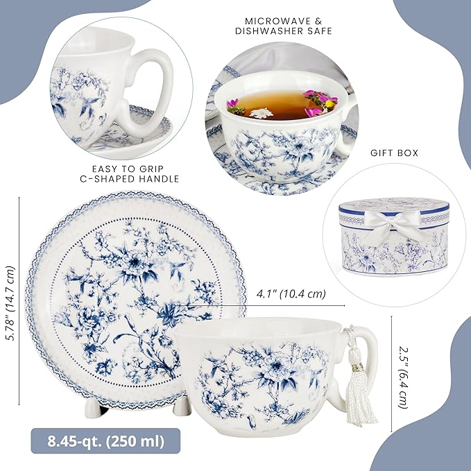 STP GOODS Blue Flowers Bone China Cup and Saucer Set in Gift Box (Blue)