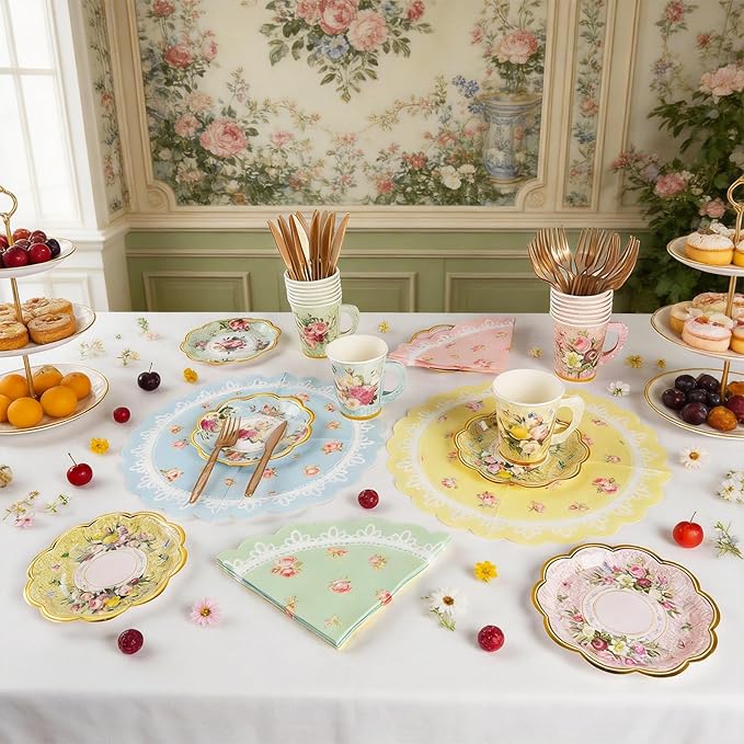 280PCS Spring Tea Party Decorations, Floral Paper Tea Cups & Saucer Set, Disposable Floral Cups With Handle Napkins Plates Knives Forks for Girls Kids Afternoon Tea Birthday, Wedding Party Supplies