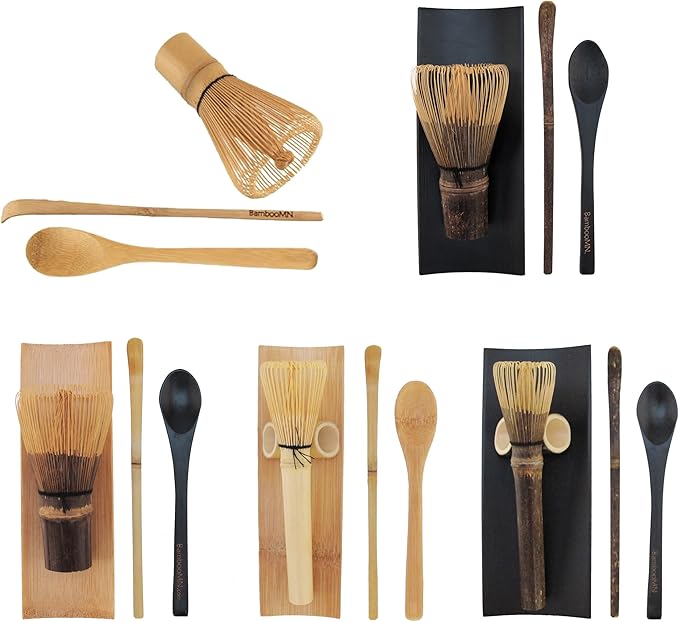 BambooMN Matcha Whisk Set - Skinny Golden Chasen (Tea Whisk), Tray, Chashaku (Hooked Bamboo Scoop), Tea Spoon - 2 Sets