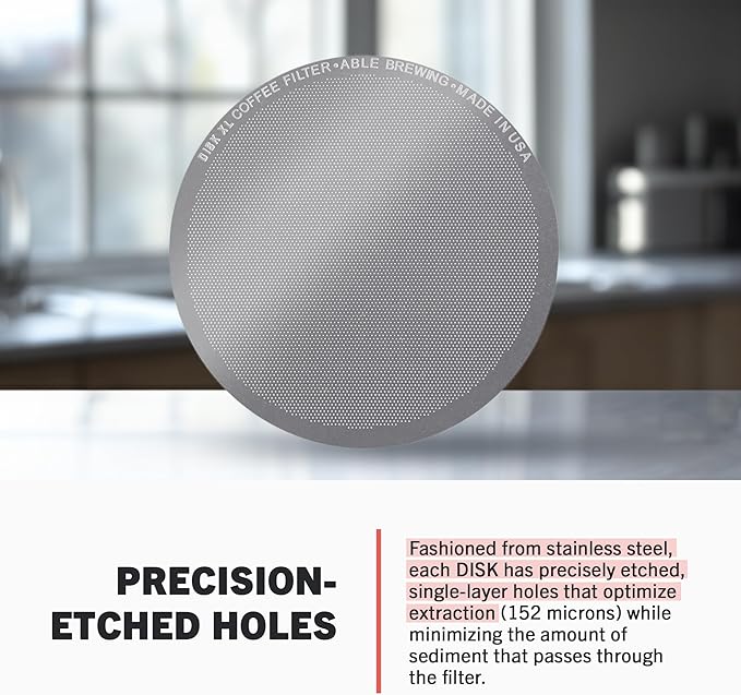 Able - DISK XL Reusable Coffee Filters, Compatible with Newer AeroPress Coffee Filters XL, Ideal for Home & Cafes,152 Micron 72 mm diameter/2.83” Stainless Steel Coffee Filter, Pack of 1