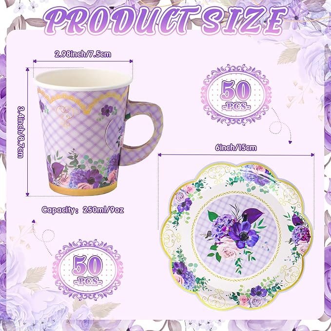 Tioncy 100 Pcs Tea Party Decorations Include 50 Pieces 9 oz Paper Tea Cups with Handle and 50 Plates Disposable Teacups and Saucers Sets for Birthday(Flower)