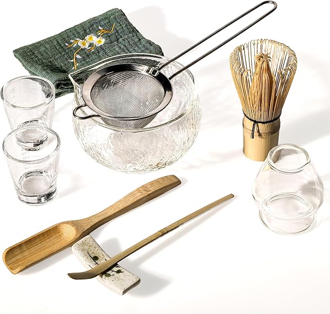 10 Pcs Matcha Whisk Set, 500 ml/18 oz Glass Matcha Bowl and Whisk Holder & Measuring Cup, Bamboo Matcha Scoop & Stainless Sifter, Japanese Ceremonial Matcha Tea Making Tools Kit