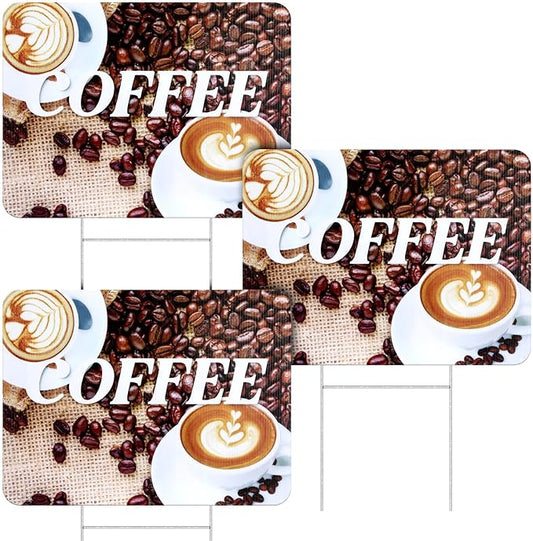 AceOrbit 3 Pcs 12"x16" Coffee Yard Signs with H Ground Stake for Coffee Station Waterproof Business Advertising Sign for Cafe Bar Restaurant Cafe Shop Dining Room Garden Decoration