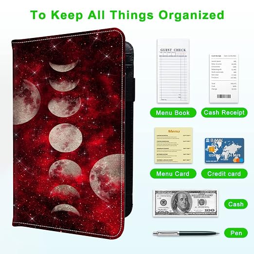 Server Books for Waitress, with 7 Large Pockets, Waiter Serving Book, Waitstaff Server Order Pads, Cute PU Leather Server Book with Pen Holder Fit Server Apron, Red Galaxy Moon - Image 5