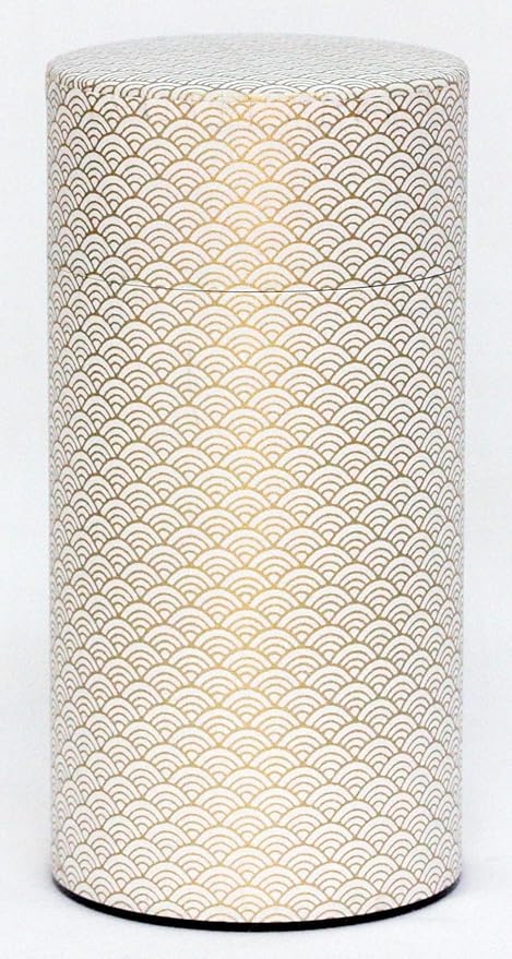 KOTODO Washi Paper Tea Tin Canister: Long 7oz (200g) White Waves with Gold Outlines (#1), Japan