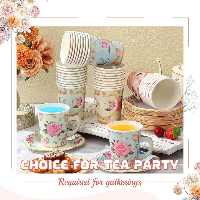 Umigy 36 Sets Tea Party Decorations 9 oz Floral Paper Tea Cups with Handle and Plates Disposable Blossom Teacups and Saucers Sets for Girls Kids Birthday Garden Wedding Party Supplies(Multicolored)