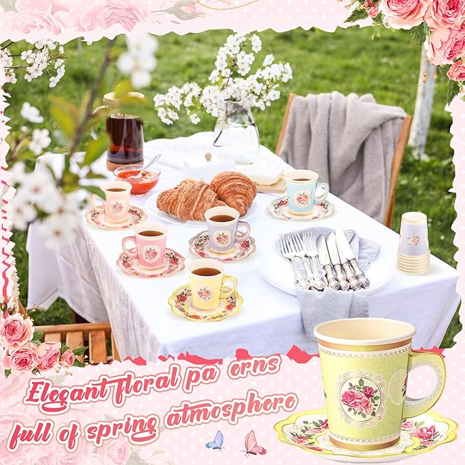Domensi 60 Pieces Tea Party Decorations Include 30 Pcs 9 oz Paper Cups with Handle and 30 Pcs Tea Party Paper Plates Disposable Blossom Teacups and Saucers for wedding Favors(Bright Style)