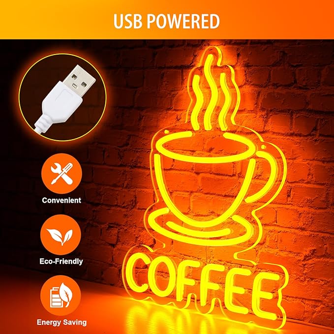 Basaneon Coffee Neon Sign for Wall Decor Dimmable Modern Led Sign for Cafe Shop, USB Powered Coffee Cup Neon Signs Light Up for Cafe Station Accessories Art Decor Party Decorations(15.7 * 12.8inches)