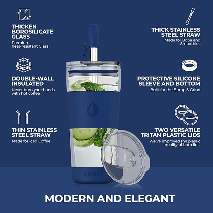 19 oz. Double Wall Glass Coffee Tumbler, To Go Travel Mug with Lid, Portable Glass Thermos with Straw, Reusable Cup, Tea, Smoothies, Ice Coffee, and Boba