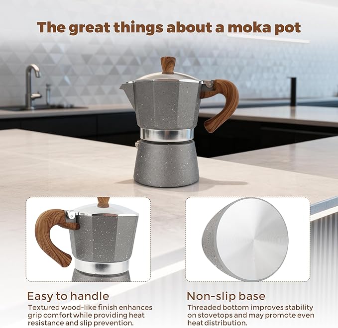 ShanSon Moka Pot Stovetop Espresso Maker 3 Cup 5 oz Italian Coffee Maker Manual Cuban Coffee Percolator Machine Italian Espresso Greca Coffee Maker for Cappuccino or Latte,Gray