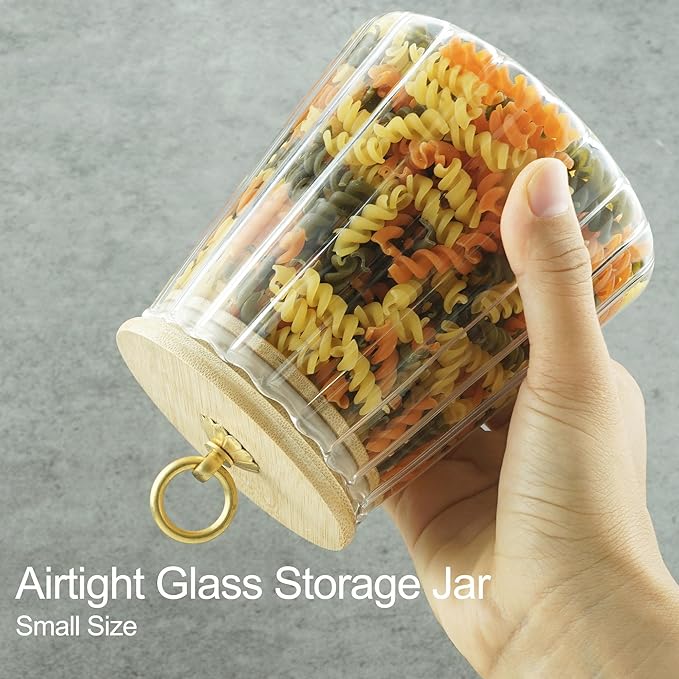 Clear Glass Jar Coffee Canister, Cookie Candy Jar Sugar Container with Airtight Bamboo Lid, 24 OZ Kitchen Food Storage Container for Pantry, Flour, Pasta, Cereal, Beans, Spice, Conical