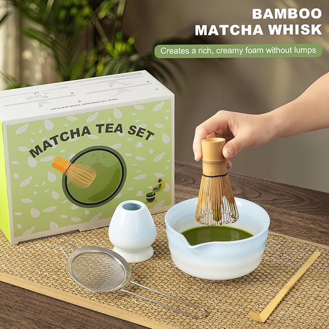 Dayacoco Matcha Whisk Set,Ceramic Matcha Kit Set Includes Bowl with Spout, Whisk,Holder,Bamboo Scoop and Sifter,5 pcs Matcha Tea Kit for Matcha Lovers, Ideal Gift Christmas, Birthday (Blue gradient)