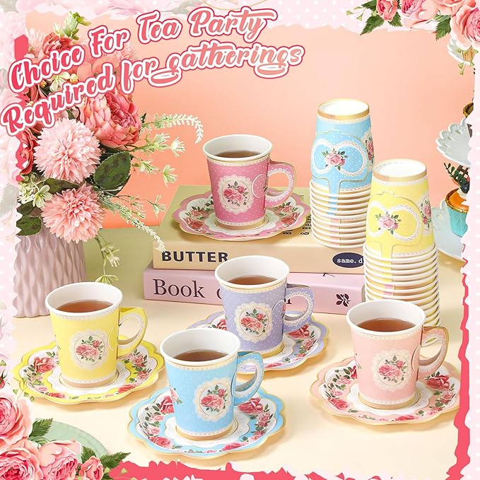 Domensi 60 Pieces Tea Party Decorations Include 30 Pcs 9 oz Paper Cups with Handle and 30 Pcs Tea Party Paper Plates Disposable Blossom Teacups and Saucers for wedding Favors(Bright Style)