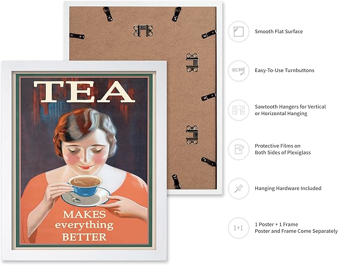 Poster Master Vintage Tea Makes Everything Better Print - Retro Food & Drink Poster - Positive Quotes Art - Gift for Women, Tea Lover - Decor for Kitchen, Teahouse - 16x20 White Framed