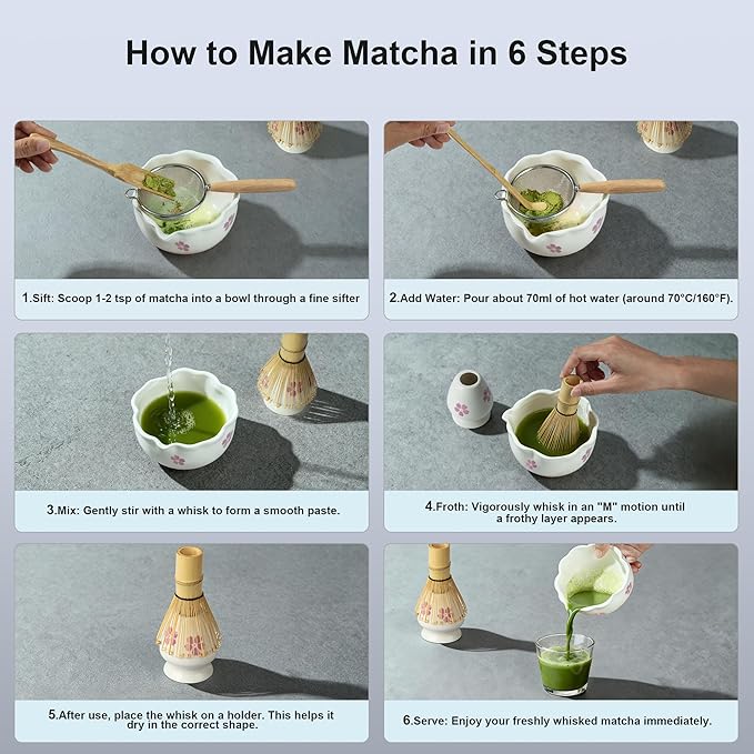 8Pcs Matcha Whisk Set with Floral Ceramic Matcha Bowl, Wooden-Handled Sifter, Bamboo Whisk, Whisk Holder, Bamboo Scoop, Scoop Rest, Spoon, Tea Towel, Greeting card, Gift for Beginners