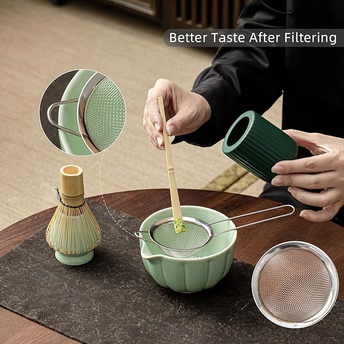 Matcha Whisk Set, Matcha Set Includes Ceramic Matcha Bowl, Bamboo Whisk, Scoop, Chasen Holder, Sifter - 5 Pcs Perfect Matcha Kit for Matcha Lover (Emerald Green)