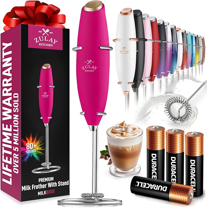 Zulay Kitchen Powerful Milk Frother Wand With 4 AA Duracell Batteries - Ultra Fast Handheld Drink Mixer - Electric Whisk Foam Maker for Coffee, Lattes, Cappuccino, Matcha & Creamer