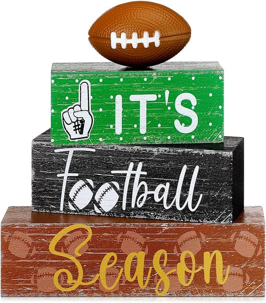 Geelin 4 Pcs Football Table Decorations Football Tiered Tray Decor Wooden Sign Centerpiece Decorative Faux Stack Book Block for Coffee Table Fireplace Mantel Floating Shelf