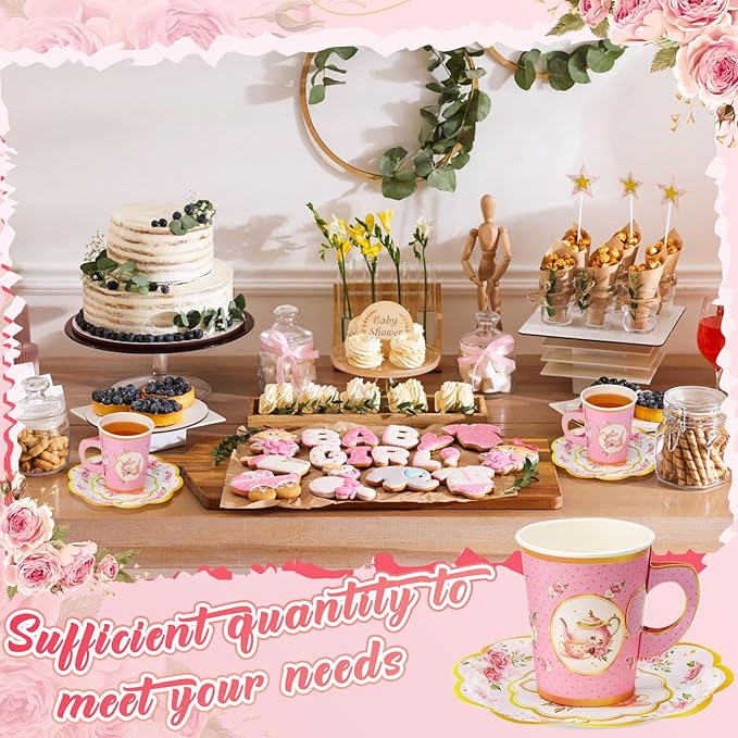Tioncy 100 Pcs Tea Party Decorations Include 50 Pieces 9 oz Paper Tea Cups with Handle and 50 Plates Disposable Teacups and Saucers Sets for Birthday(Teapot)