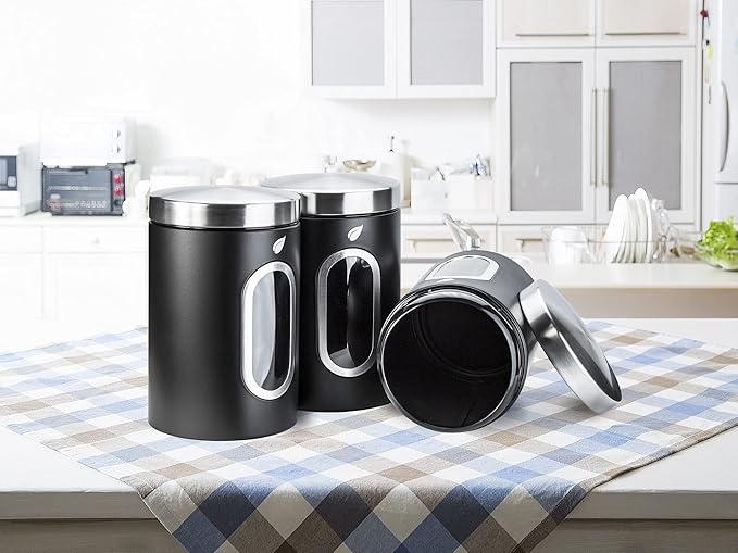 Saf-Care Kitchen Canisters - Modern Kitchen Decoration of Canister Set with Multiple Preservation Purposes by Tight Sealed Lids, Good for Wedding Gifts Kitchen Canisters Set of 3, Matte Black
