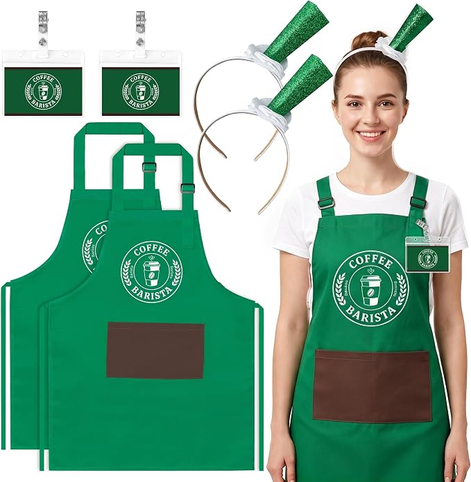 Halloween Coffee Costume Set - Barista Uniforms for Adults | Waterproof Green Aprons, Name Tag, Hairband, Café Attendant Uniform for Adults, Halloween Costume for Party, Role Play Events by Unknown