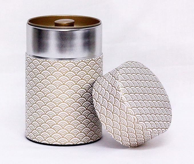 Washi Paper Tea Tin Canister: Long 3.5oz (100g) White Waves with Gold Outlines (#1), Japan