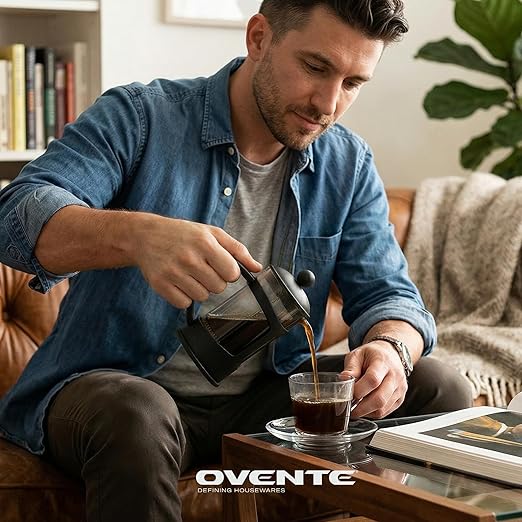 OVENTE French Press Coffee Maker 12 Ounce with Heat Resistant Borosilicate Glass & Stainless Steel 4-Level Filtration System, Portable Cold Brew Coffee Maker for Travel, Camping or Gift, Black FPT12B