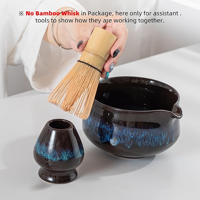 TEANAGOO 2 Pcs Matcha Bowl with Spout,Ceramic 17.2oz/510ml Matcha Bowl Set and Whisk Holder,Blue Matcha Chawan with Stand, Green Tea Mixing Bowl, Gift for Friend/Family