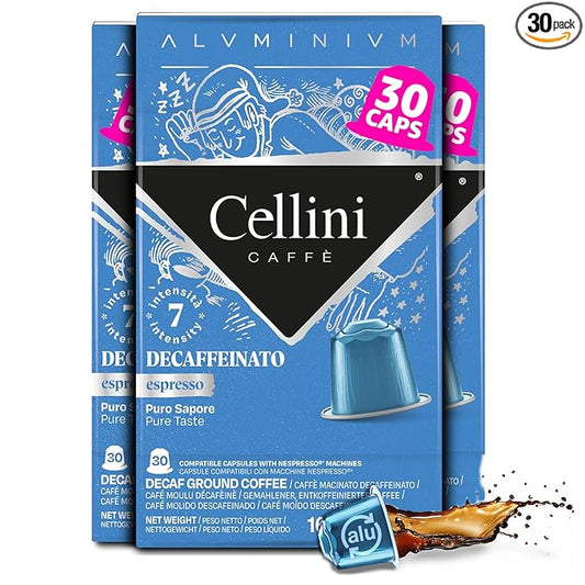 Cellini Caffè Decaffeinato Aluminum Nespresso Pods, 30 Count, Medium Roast Coffee Capsules, 100% Nespresso Original Machine Compatible