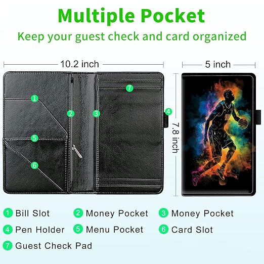 Server Books for Waitress, with 7 Large Pockets, Waiter Serving Book, Waitstaff Server Order Pads, Cute PU Leather Server Book with Pen Holder Fit Server Apron, Basketball Player - Image 3