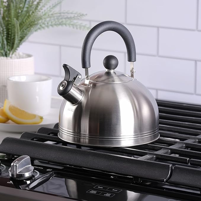 Mr. Coffee Carterton Stainless Steel Whistling Tea Kettle – 1.5-Quart Capacity, Mirror Polish Finish, Durable Tea Kettle for Stovetop, Fast Boiling, Easy Pouring (Pack of 6)