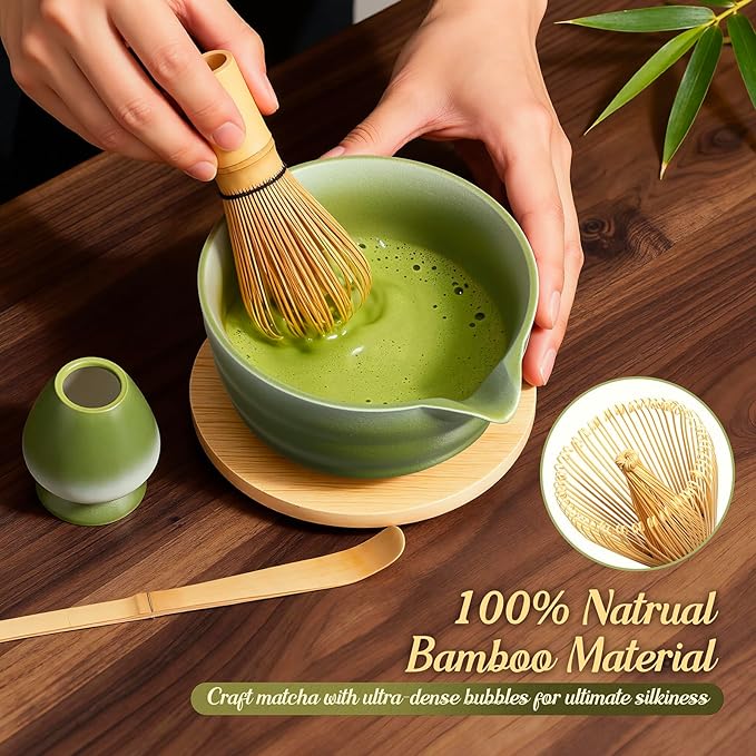 5 Pcs Gradient Green Matcha Set - Ceramic Bowl, Bamboo Chasen, Holder, Scoop & Sifter for Tea Ceremony Enthusiasts, Matcha Whisk Set for Tea Lovers