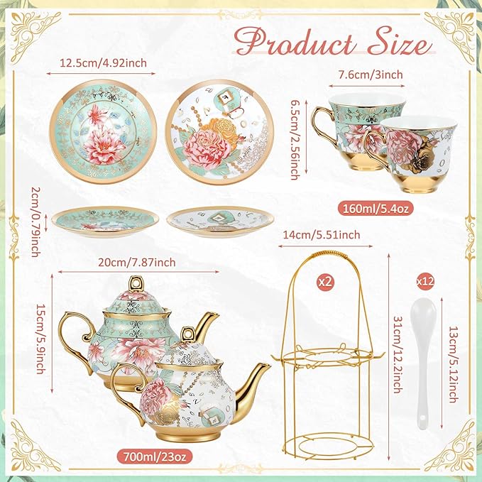 Zhehao 40 Pcs Porcelain Tea Set with Metal Holder and Spoon Adult Ceramic Tea Set European Flower Painting Teapot Cup Saucer Spoon for Women, Large Version (Fresh Style,Bright Style)
