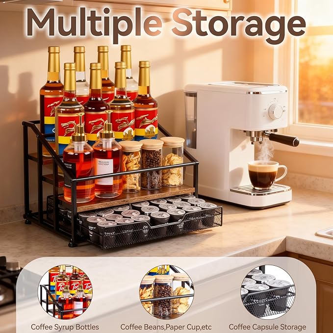 kimilus Coffee Syrup Rack Organizer, 4-Tier 12 Bottle Syrup Rack with 35 K Cup Drawer for Coffee Bar, Countertop Bottle Holder Stand for Dressing for Kitchen Cafe Station