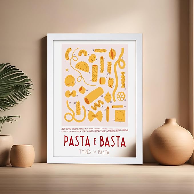 Poster Master Vintage Illustration Poster - Retro Food Print - Types of Pasta, Yellow, Spaghetti, Rotini, Penne - Gift for Artist, Chef - Wall Decor for Kitchen, Restaurant, 16x20 White Framed