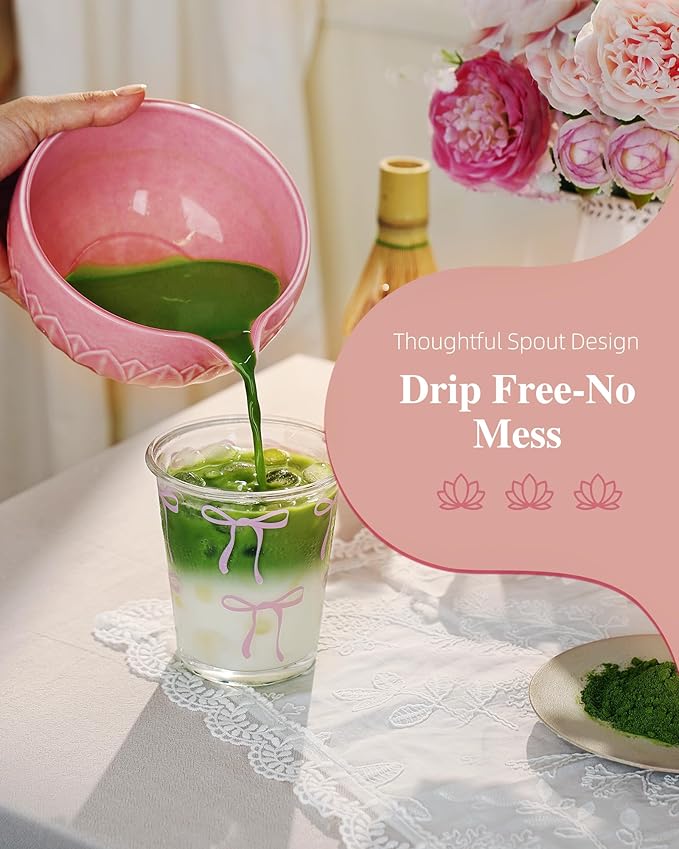 ZENS Matcha Whisk Set, 6pcs Matcha Kit Set with Matcha Bowl, Bamboo Whisk & Scoop, Chasen Holder, 304 Stainless Steel Sifter & Tea Mat, Japanesse Matcha Kit for Matcha Latte-Making Pink