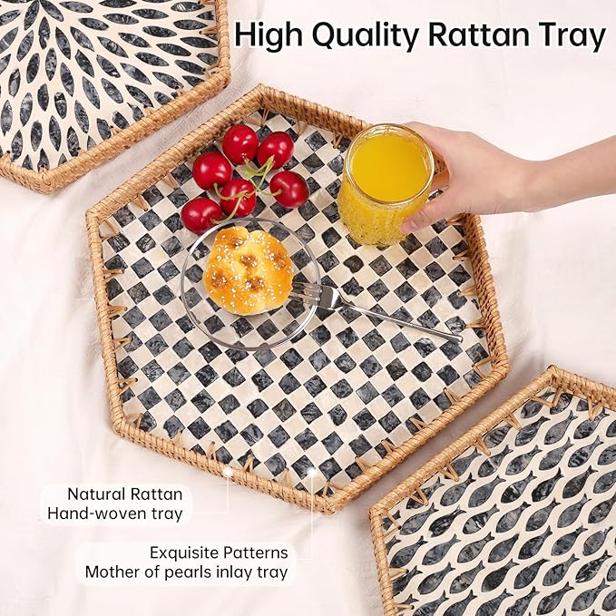 Hexagon Rattan Tray with Mother of Pearl Inlay, Rattan Serving Tray for Coffee, Bread, Fruits, Snacks, Decorative Wicker Tray for Table Decor, Home Decor (Black Checker, 14.5"×12.8")