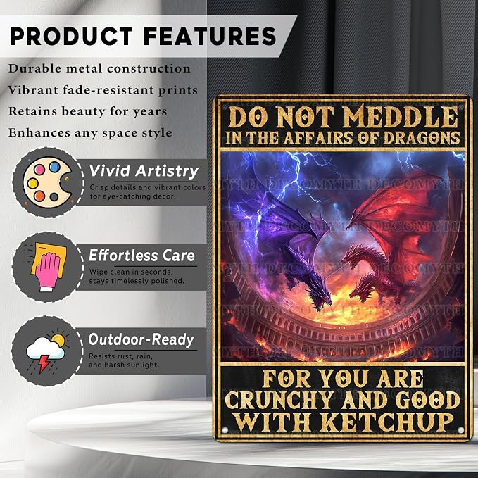 Vintage Dragon Tin Sign Do Not Meddle in the Affairs of Dragons Retro Wall Decor Nostalgic Art Funny Metal Poster Indoor Store Cafe Toilet Kitchen Bar Office Boys Room Pubs Shop 12 * 16inch - Image 2