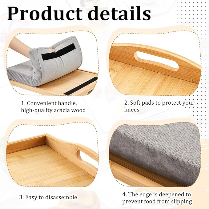 Tioncy 1 Piece Bamboo Lap Tray with Detachable Pillow 16.9'' x 13'' Lap TV Trays Desk with Handles for Adults Eating in Recliner Breakfast Housewarming Gift (Wood)
