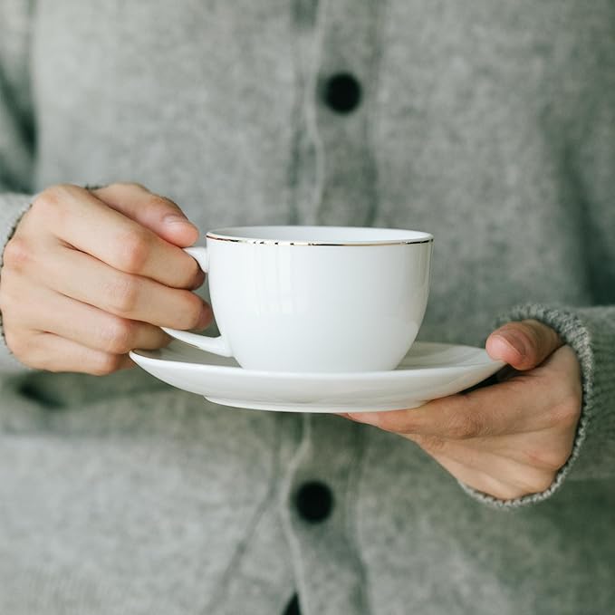 BTaT- Cappuccino Cups with Saucers 6 oz, Set of 6, White Porcelain Coffee Cup and Saucer Set for Latte with Golden Trim Design, Dishwasher Safe, Mocha, Tea, Au Lait, Flat White