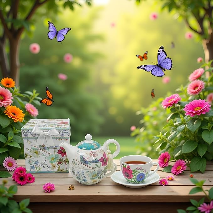 Lightahead Bone China Tea for One Set in Blue Bird Design, in attractive Reusable Handmade Gift Box (With Ribbon), Blue