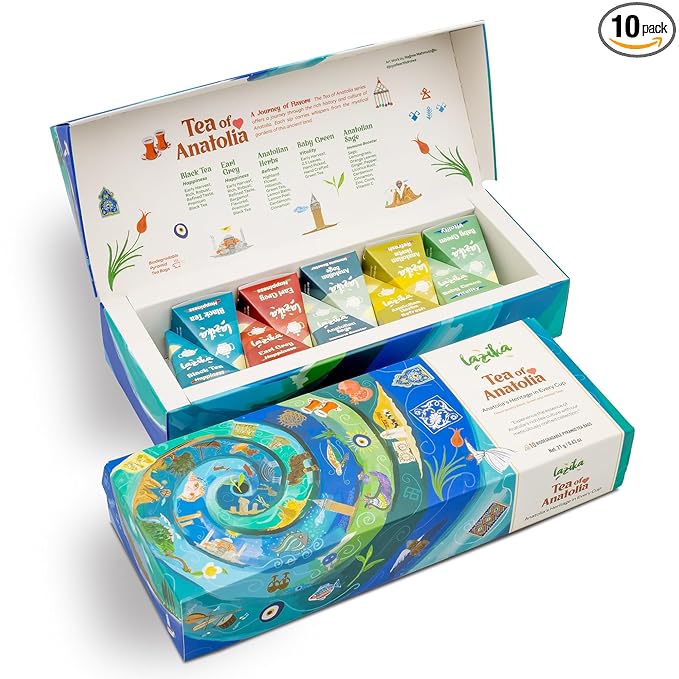 Lazika Tea Sampler with Lovely Presentation Box, 10 Counts, 2 of Each Blend Individually Wrapped, Black, Green and Herbal Tea Variety Gift Set, Premium Collection with Pyramid Infuser Bag, Handcrafted