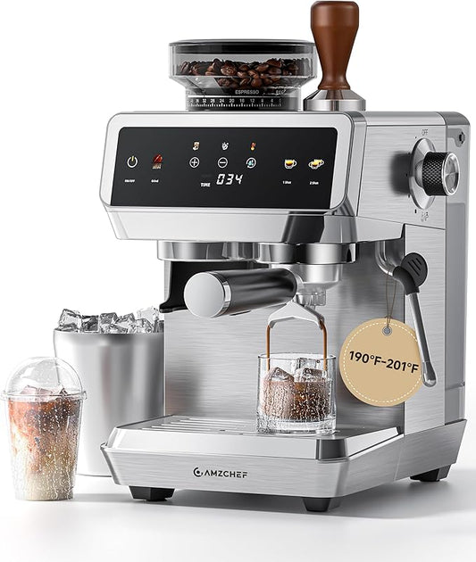 AMZCHEF Espresso Machine With Grinder, 190℉-201℉ Temp Control Coffee machine with 44 Grind Setting, Milk Frother, Touch Screen, Cold Brew, Sliver