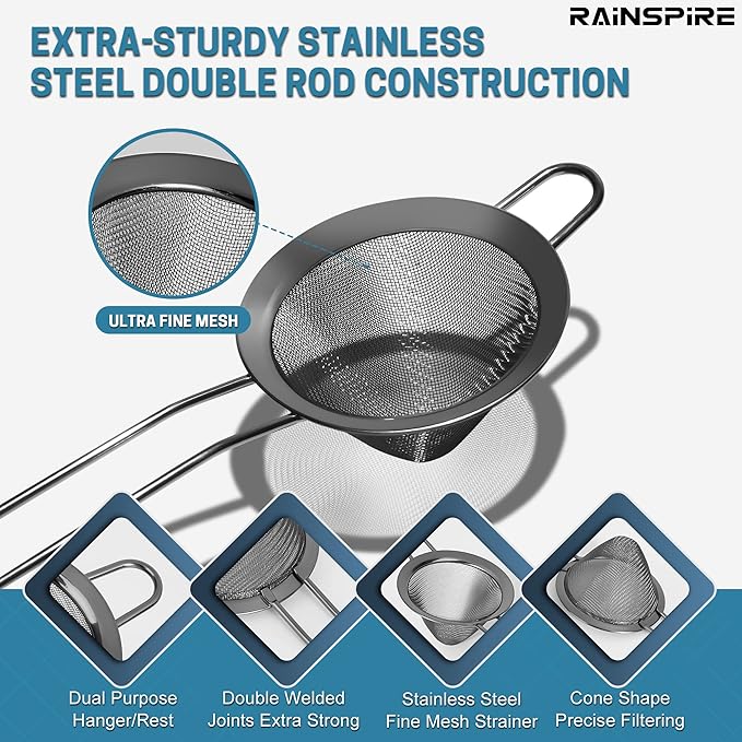Rainspire Stainless Steel Small Strainer Fine Mesh Strainer, Mini Cocktail Strainer For Cocktails Tea Herbs Coffee & Drinks, Tea Strainer with Handle, Rust Proof, Black