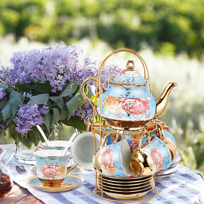Zhehao 20 Pcs Porcelain Tea Set with Metal Holder and Spoon Adult Ceramic Tea Set European Flower Painting Teapot Cup Saucer Spoon for Women, Large Version (Simplicity Style)