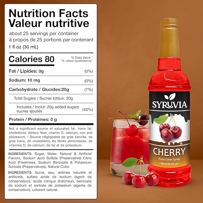 Syruvia Cherry Syrup, Flavored Syrup for Drinks, Cocktails, Lemonades, Iced Teas, and Desserts – 25.4 fl oz
