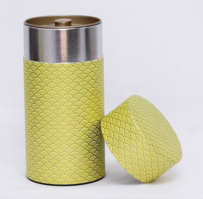 Washi Paper Tea Tin Canister: Long 7oz (200g) Bright yellow waves with gold outlines (#87), Japan