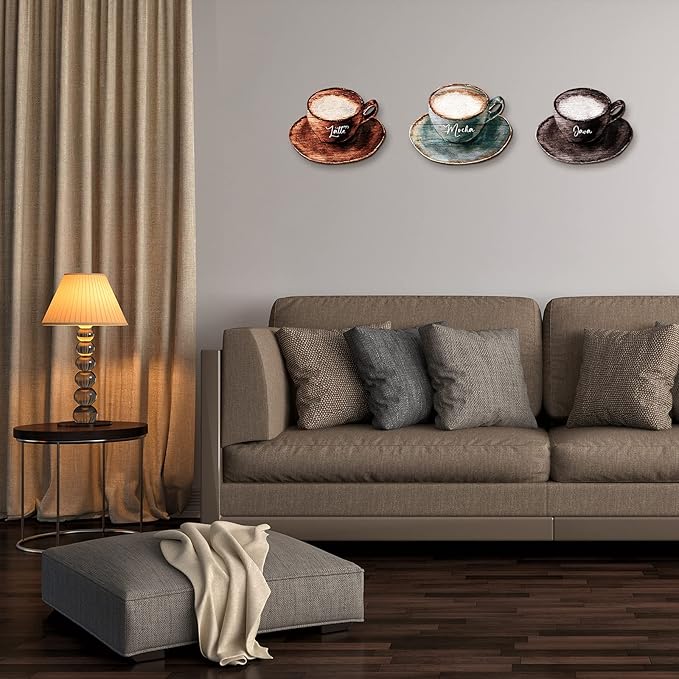 Blulu 3 Pcs Coffee Wooden Wall Art Decor with Metal Hook Coffee Cup Wooden Wall Sign Retro Latte Mocha Sign Farmhouse Decoration for Kitchen Dessert Shop Home Door