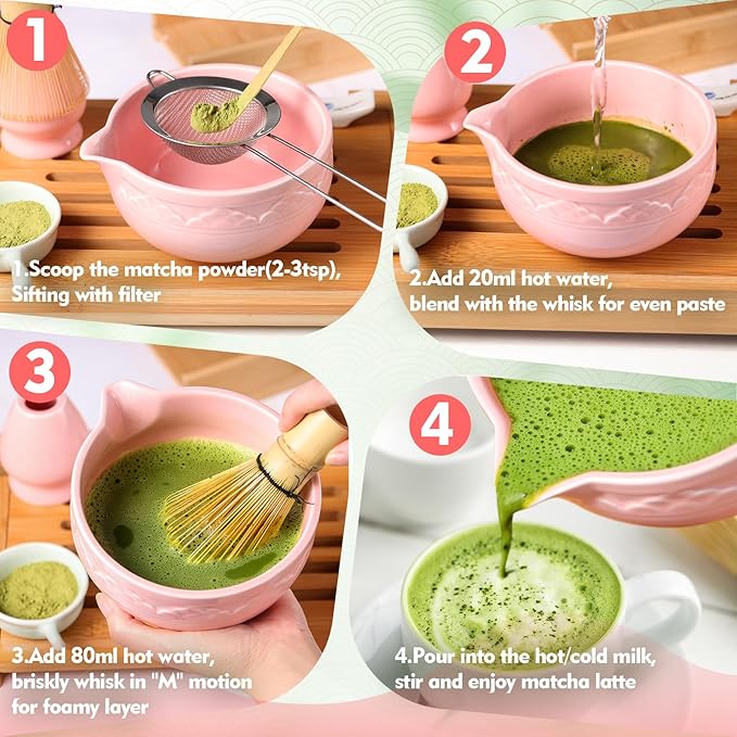Matcha Whisk Set, ZBUFAN 7 Pcs Pink Matcha Kit with Bamboo Whisk(Chasen) and Holder, Ceramic Matcha Bowl with Spout, Japanese Tea Set with Matcha Sifter and Scoop