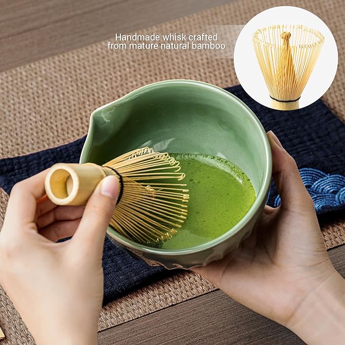 Matcha Whisk Set, Matcha Kit Includes Ceramic Matcha Bowl, 7 Pcs Matcha Tea Green- Whisk and Holder, Bamboo Scoop, Scoop Rest, Sifter and Tea Towel